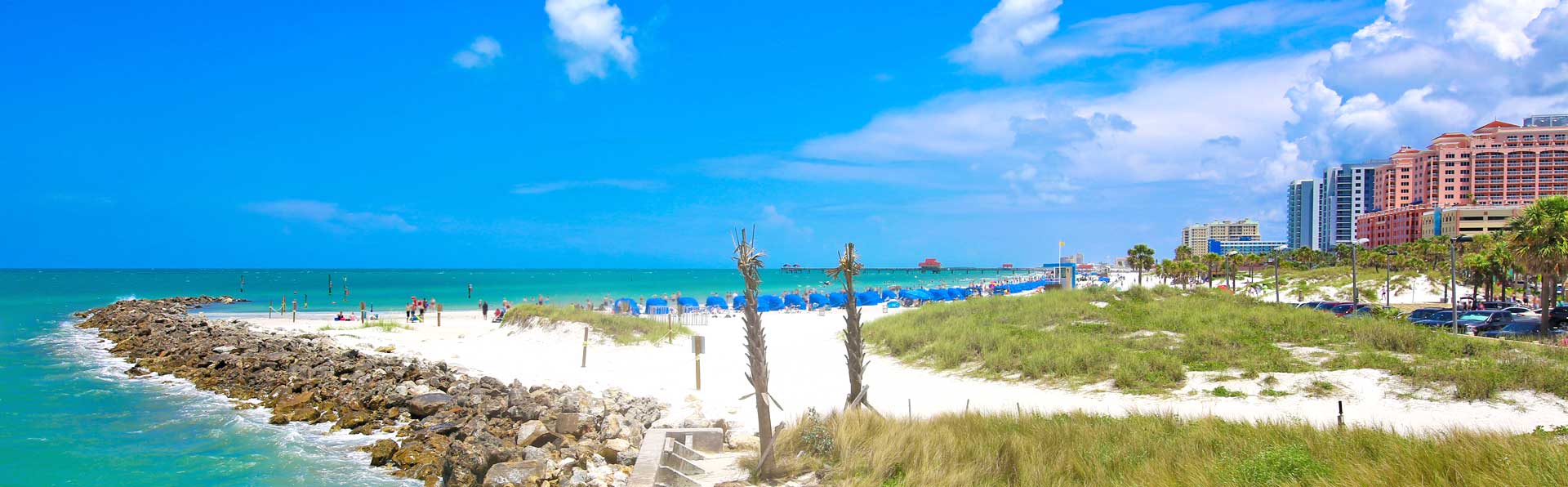Clearwater Beach on a sunny day with aqua water and white sand