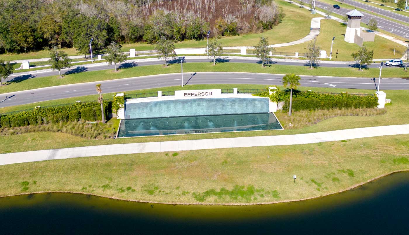 Aerial View of Epperson Community Fountain next to street and walking trail