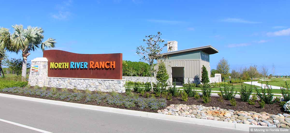 North River Ranch community sign with tropical landscape