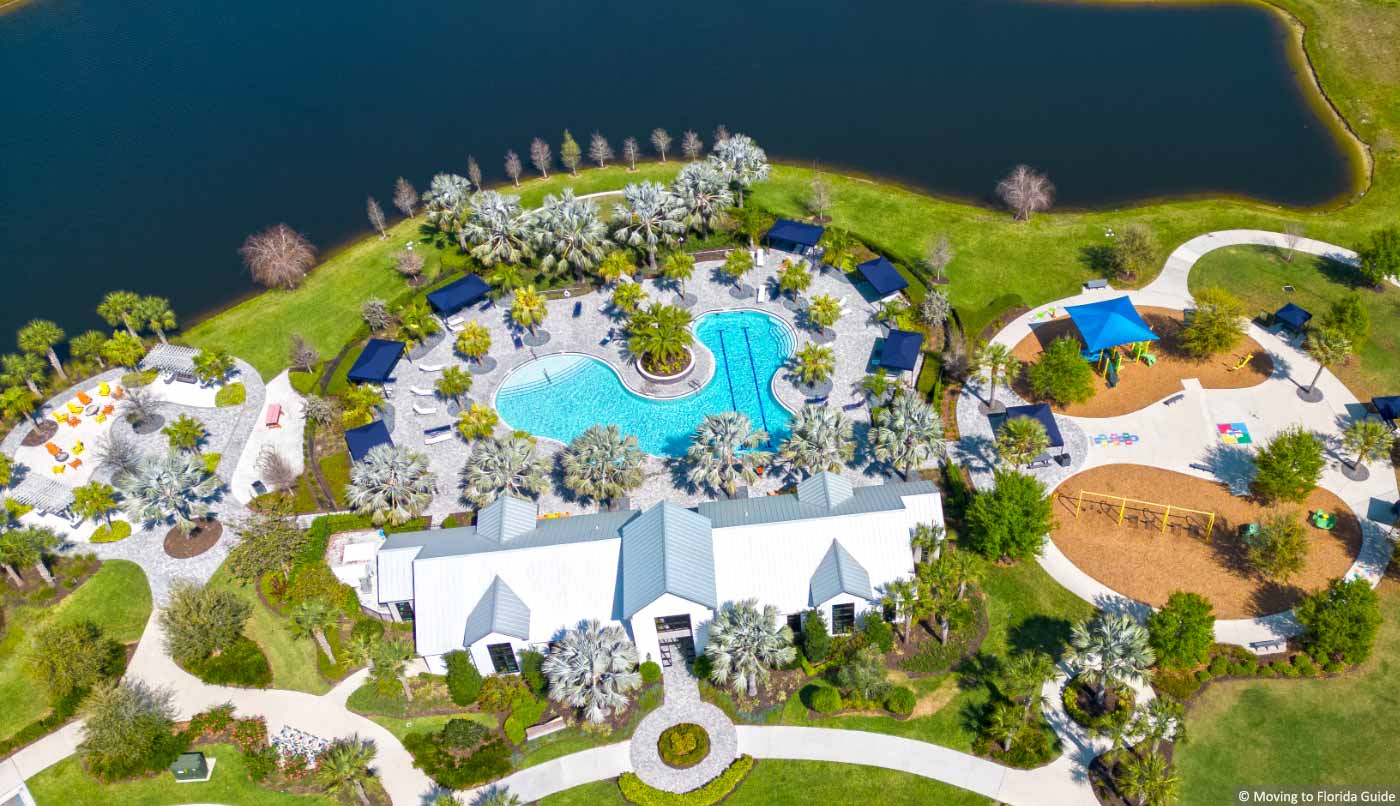 aerial view of clubhouse, swimming pool and play area
