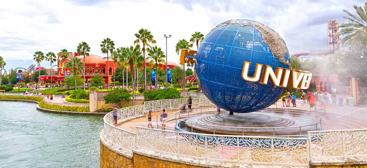 large blue globe and palm trees next to water