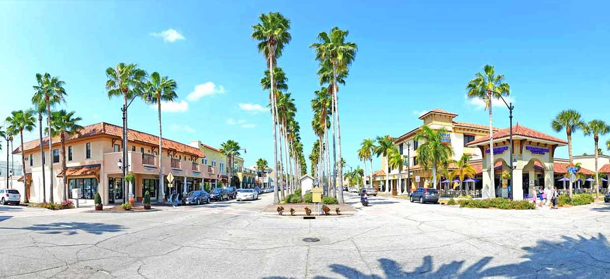 downtown venice lined with palm trees and shops