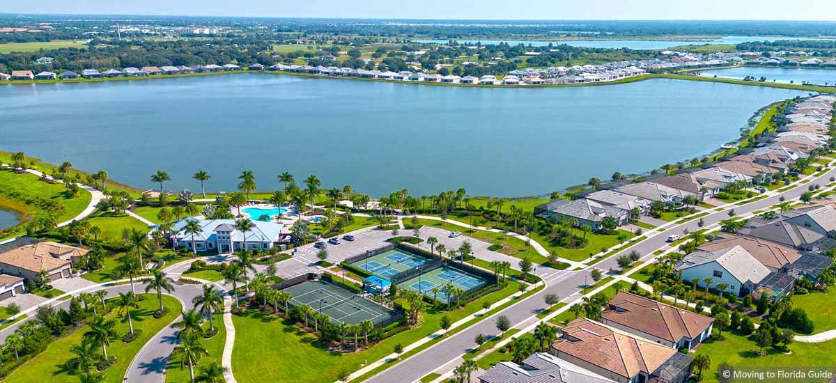 aerial view of lakewood ranch housing community with water views