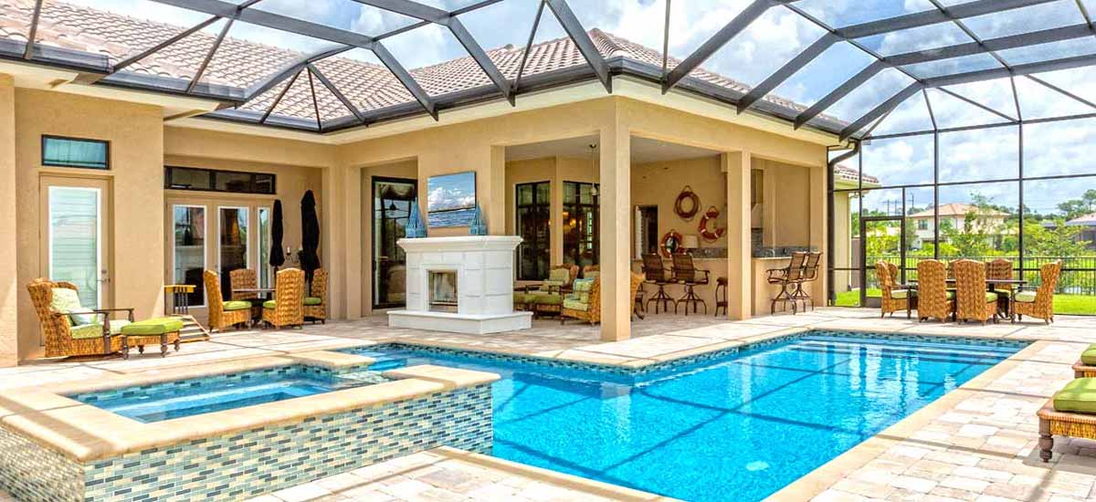 pool inside a screen-in lanai of Florida home