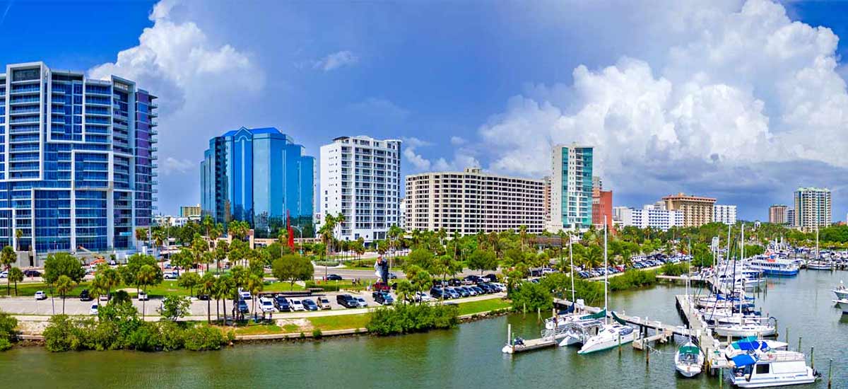 colorful skyline of sarasota buildings overlooking marina