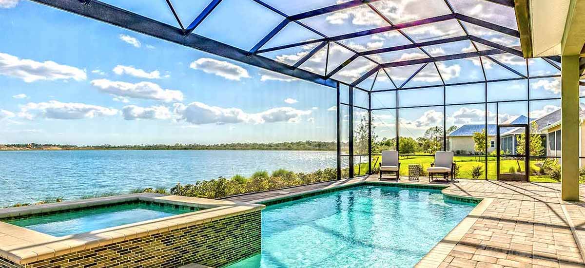 lake view from screen in lanai with pool