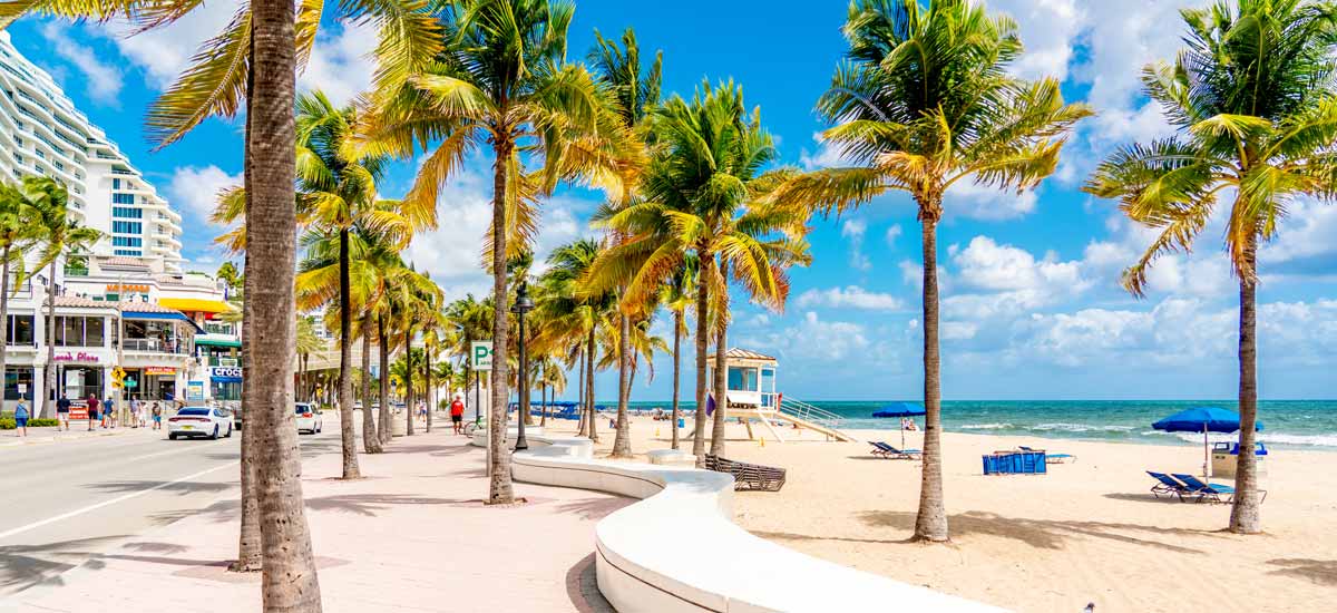 shops and walking path with palm trees alongside Florida beach