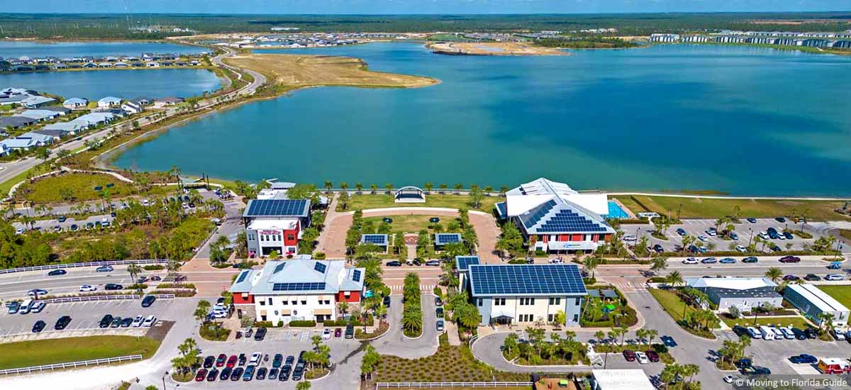 aerial view of Babcock Ranch town center bordering large lake